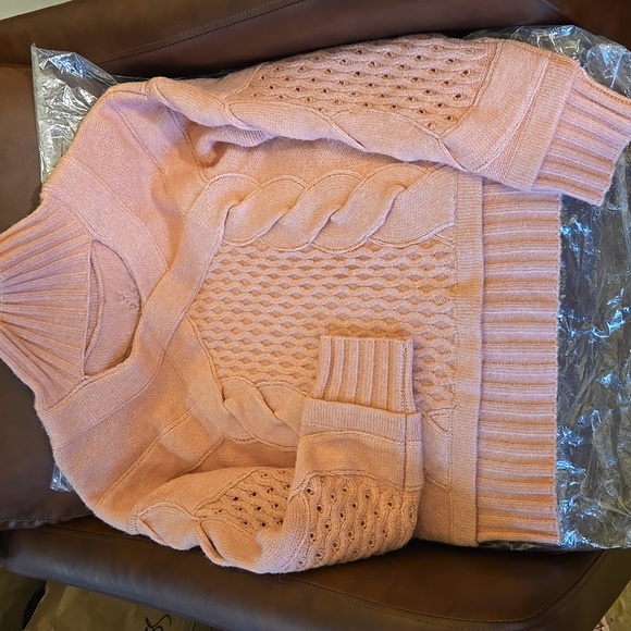 NEW Naadam Wool Alpaca Cable Knit Cutout Cut Out Neck Turtleneck Sweater Rose S - Picture 7 of 7